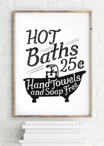 Hot Baths 25c Black and White Retro Bathroom Poster Digital Download