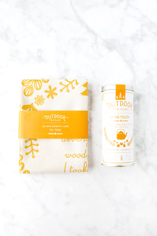 Floral Yellow Cotton Tea Towel with Honeybush Herbal Tea - Christmas Gift Set